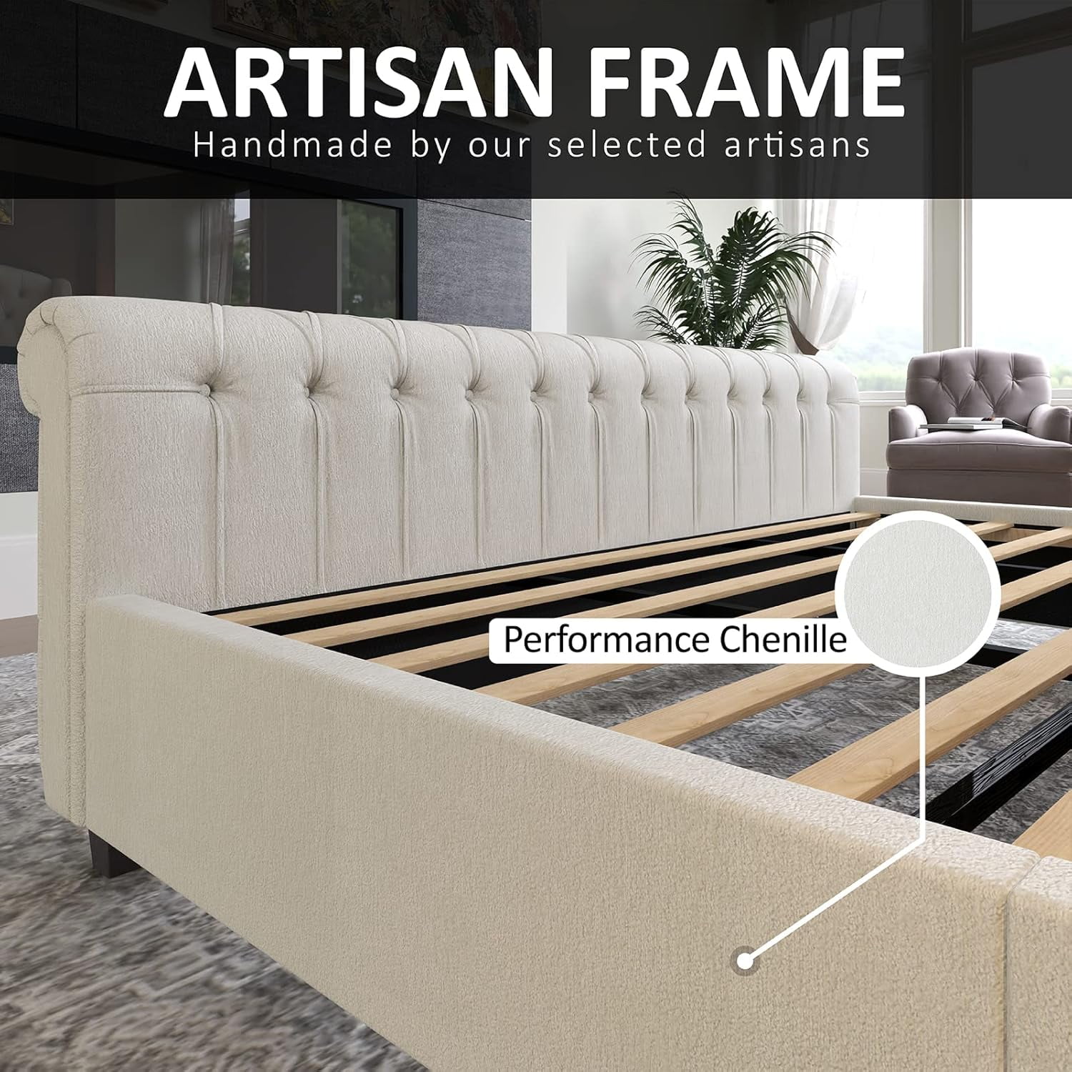 Amerlife King Size Bed Frame with Chenille Upholstery, Scroll Wingback Headboard and Footboard, Cream