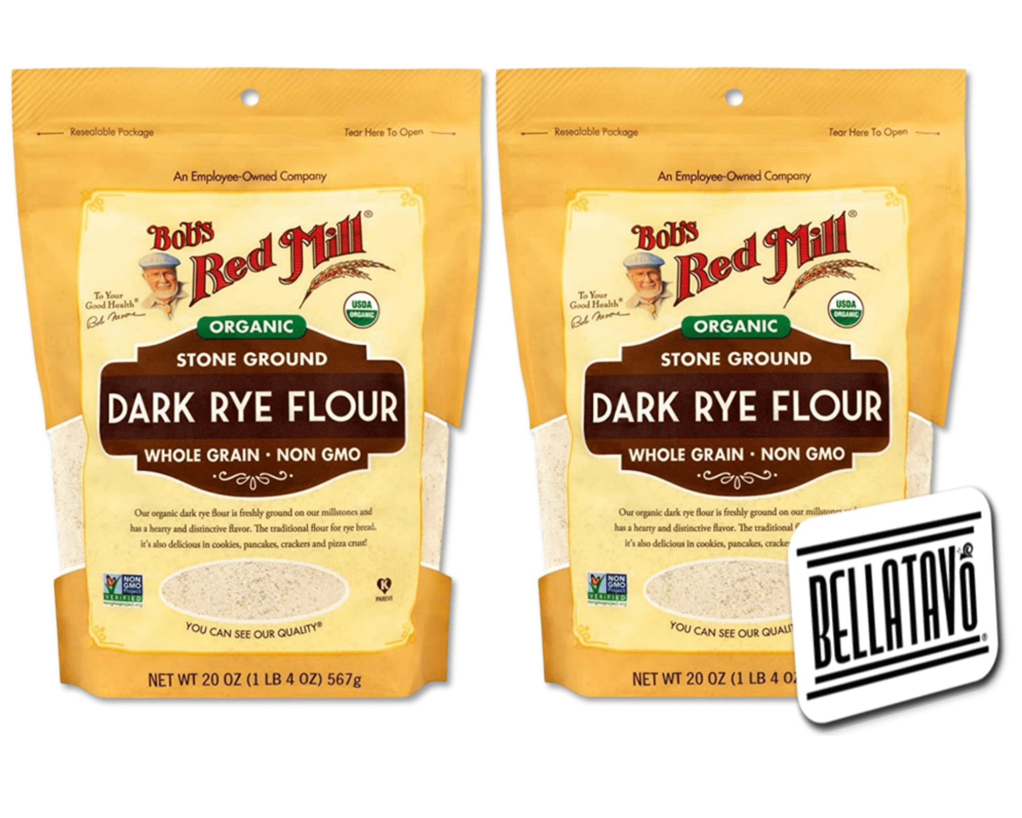 Organic Dark Rye Flour Bundle. Includes Two (2) - 20 oz Packages of Bobs Red Mill Organic Dark Rye Flour and an Authentic BELLATAVO Cookie Recipe Card!