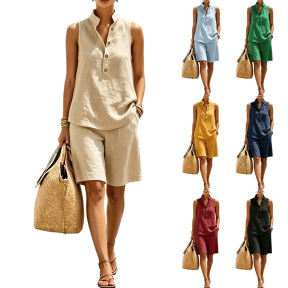 Nmnitkp Women 2 Piece Set Linen Look Matching Sets Stand Collar Half Button Sleeveless Top Pocket Bermuda Shorts Outfits for Summer Beach Vacation Daily Travel Lounge Wear