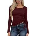 thumbnail image 2 of Women's Long Sleeve Side Ruched Top Casual Slim Fit Drawstring Shirt Spring Fashion Tee Wine XL, 2 of 6