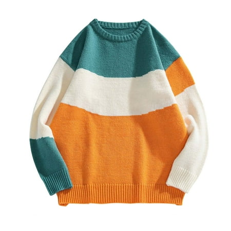 

Pgeraug pajamas for women Color Contrast Splice Sweater Long Sleeve Round Neck Sweater Blouse women s sleepwear Orange 3XL