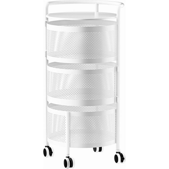 Vegetables Storage Basket, Rotating Storage Shelves Basket Carts Rack Organizer Bin on Rolling Wheels in Kitchen Household for Fruits Grocery Corns Potatos-(3-Tier,White)