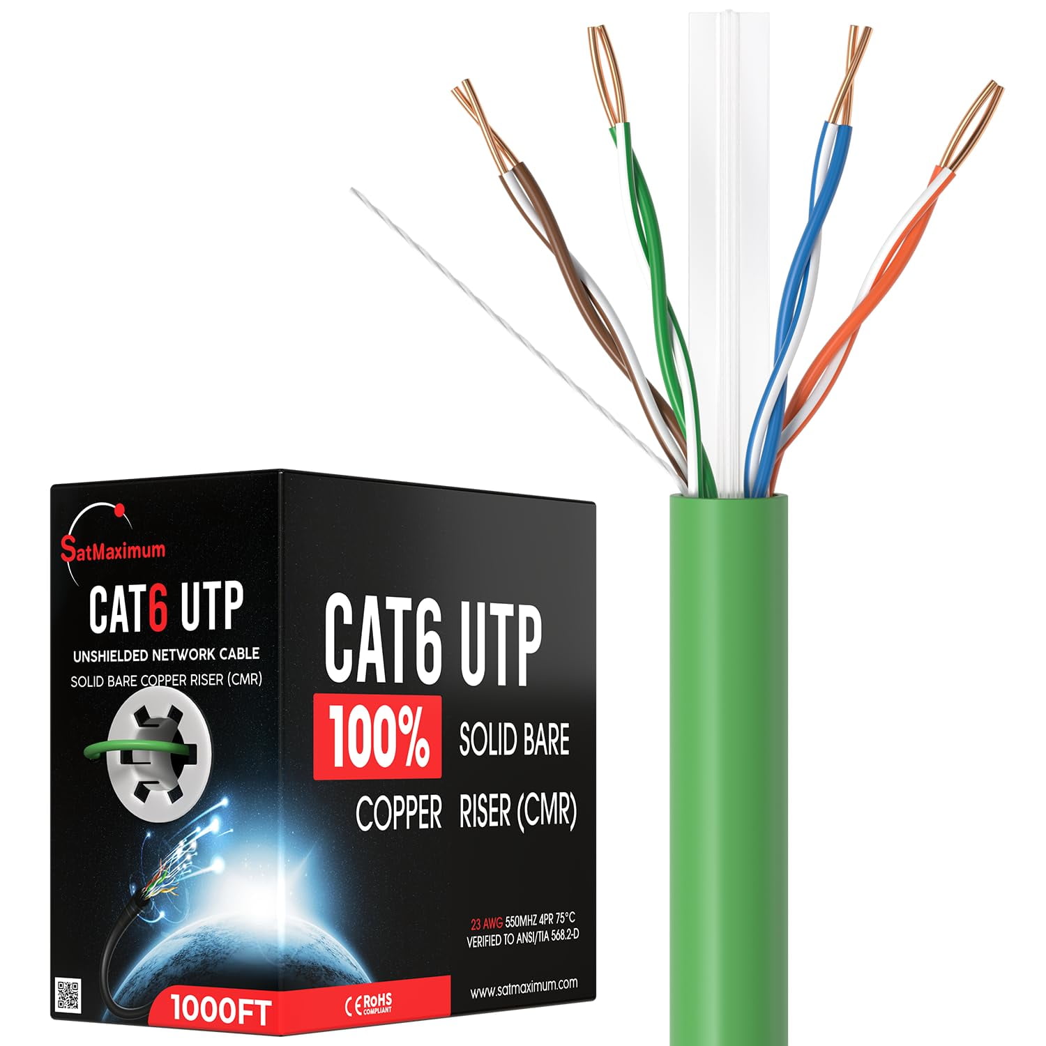 Cables Direct Online 1000FT Cat6 Solid Bare Copper 23AWG Bulk Ethernet Cable, CMR ETL Riser, 550MHz POE (Power Over Ethernet) Wire – Green