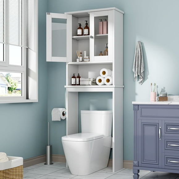 Walsunny Over The Toilet Storage Cabinet Bathroom Shelves Organizer Space Saver Freestanding Restroom Shelf with Tempered Glass Doors Anti-Tip Device Adjustable Shelf White