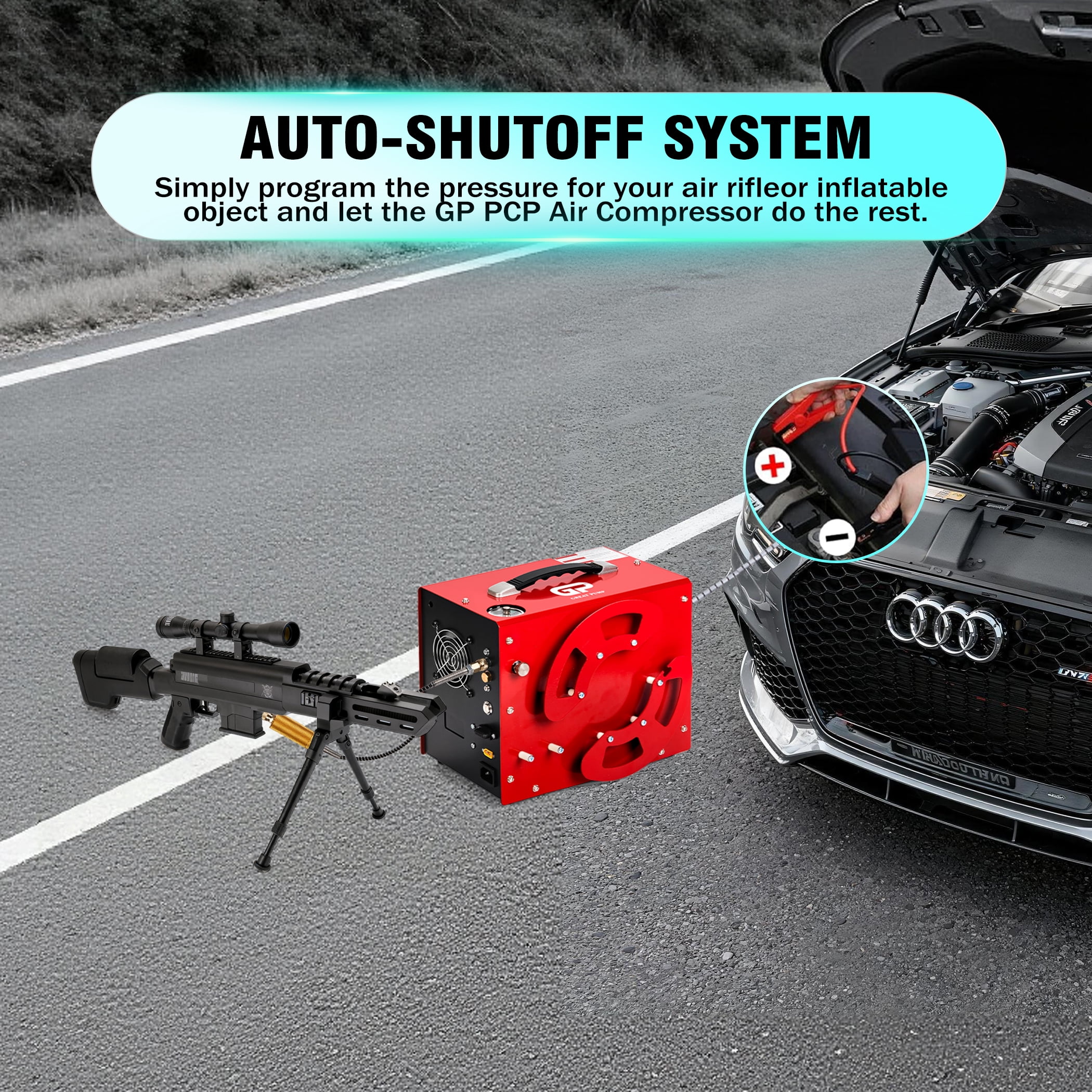 PCP Air Compressor, 4500Psi/30Mpa, Unique Wire Spool Portable Design, Auto-Stop, Oil/Water-Free, 8MM Quick-Connector, 110V AC or 12V Car Battery