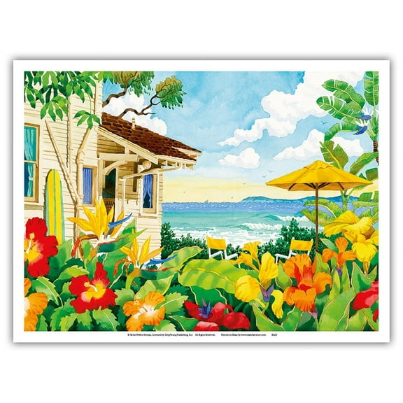 The Good Life - Tropical Beach House - Hawaii - Hawaiian Islands - From an Original Watercolor Painting by Robin Wethe Altman - Master Art Print (Unframed) 9in x 12in