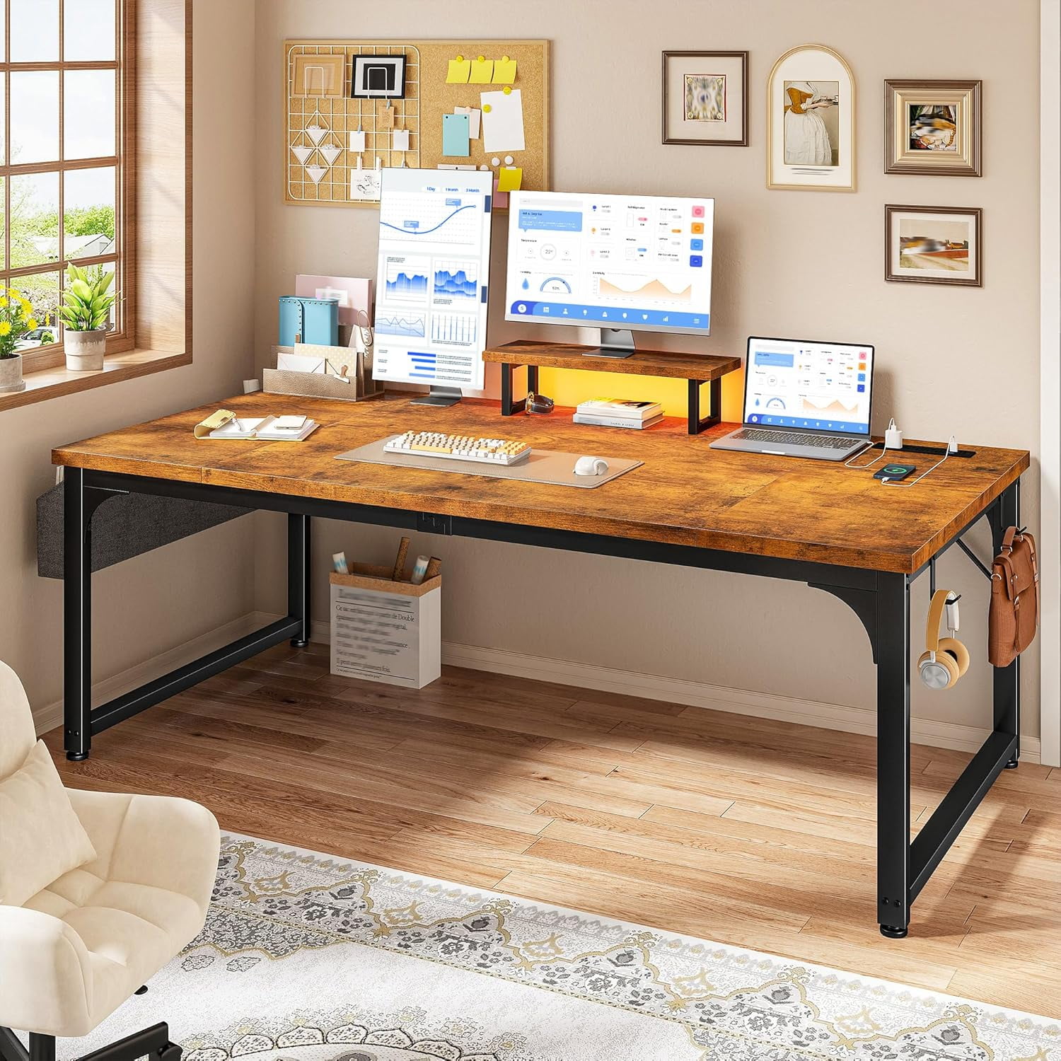 HZAT 55" Desk with Power Outlets and LED, Large Computer Desk with Monitor Stand and Deeper&Thicker Desktop,Heavy Duty Office Desk for 2 Monitors, Long Study Student Writing Desk,Brown