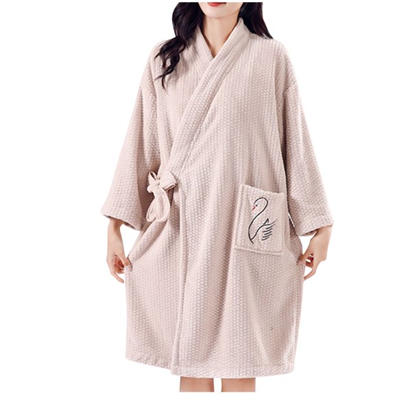 Bixock Women Fall and Winter Pajamas,Women Warm Sleepwear Robes,Women’s Bathrobes Solid Color Winter Fleece Thickened Mid Length Robe Home Wear Bathrobes