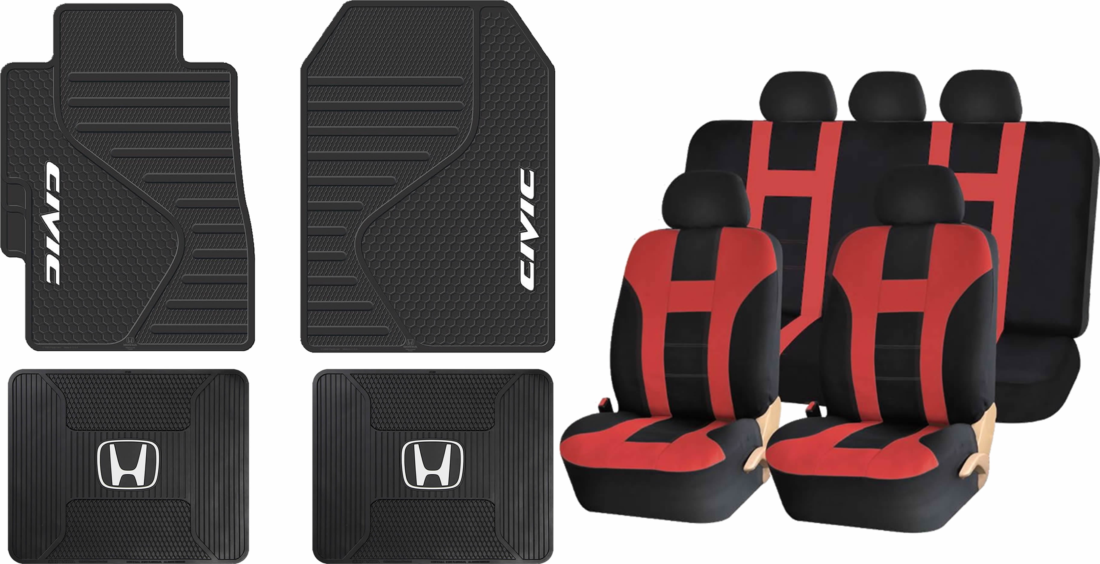 13 Piece ALL Weather Heavy Duty Rubber Front Rear Floor Mats & Red/Black Seat Covers Set