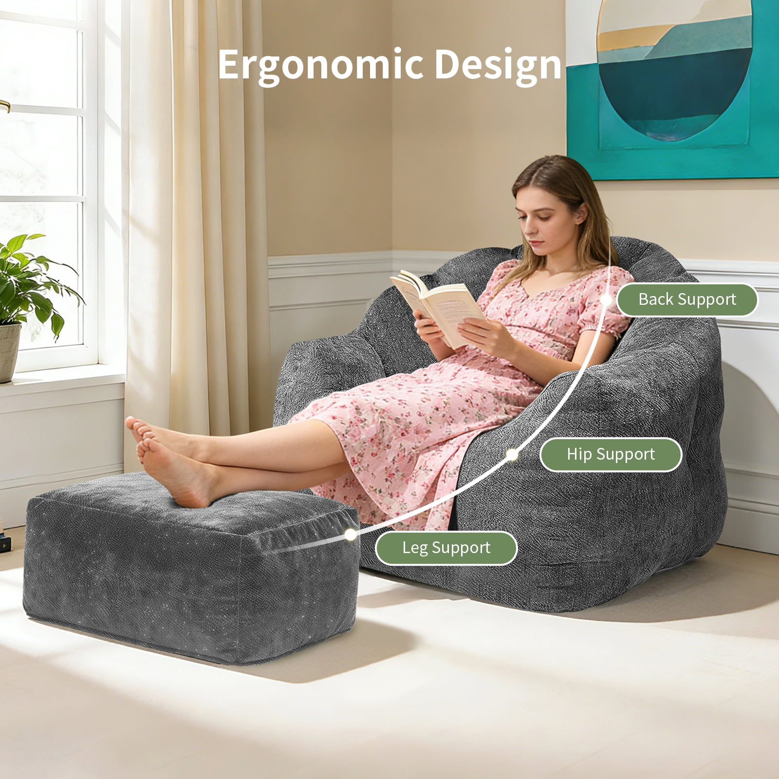 Hommoo Bean bag chair, armrest bean bag sofa chair filled with high-density foam, comfortable lazy sofa chair, adult bean bag chair for Home, Gray