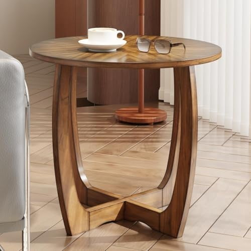 Mid Century Modern Round End Side Table Living Room, Walnut End Table Solid Wood Side Table, 23.6" Dia. Large Drum End Table Circle Nightstand Bedroom, Easy Assembly, Brown Walnut CJZ-3223$$Furniture