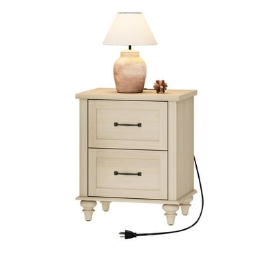 Farmhouse End Table with 2 Drawers & Charging Station, Night Stand for Bedroom, Beige