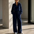 thumbnail image 2 of Szluipve 2 Piece Sets for Women Velour 2 Piece Tracksuit Half Zip Stand Collar Long Sleeve Top Elastic Waist Wide Leg Pants Casual Velvet Loungewear Outfit Dark Blue S, 2 of 8