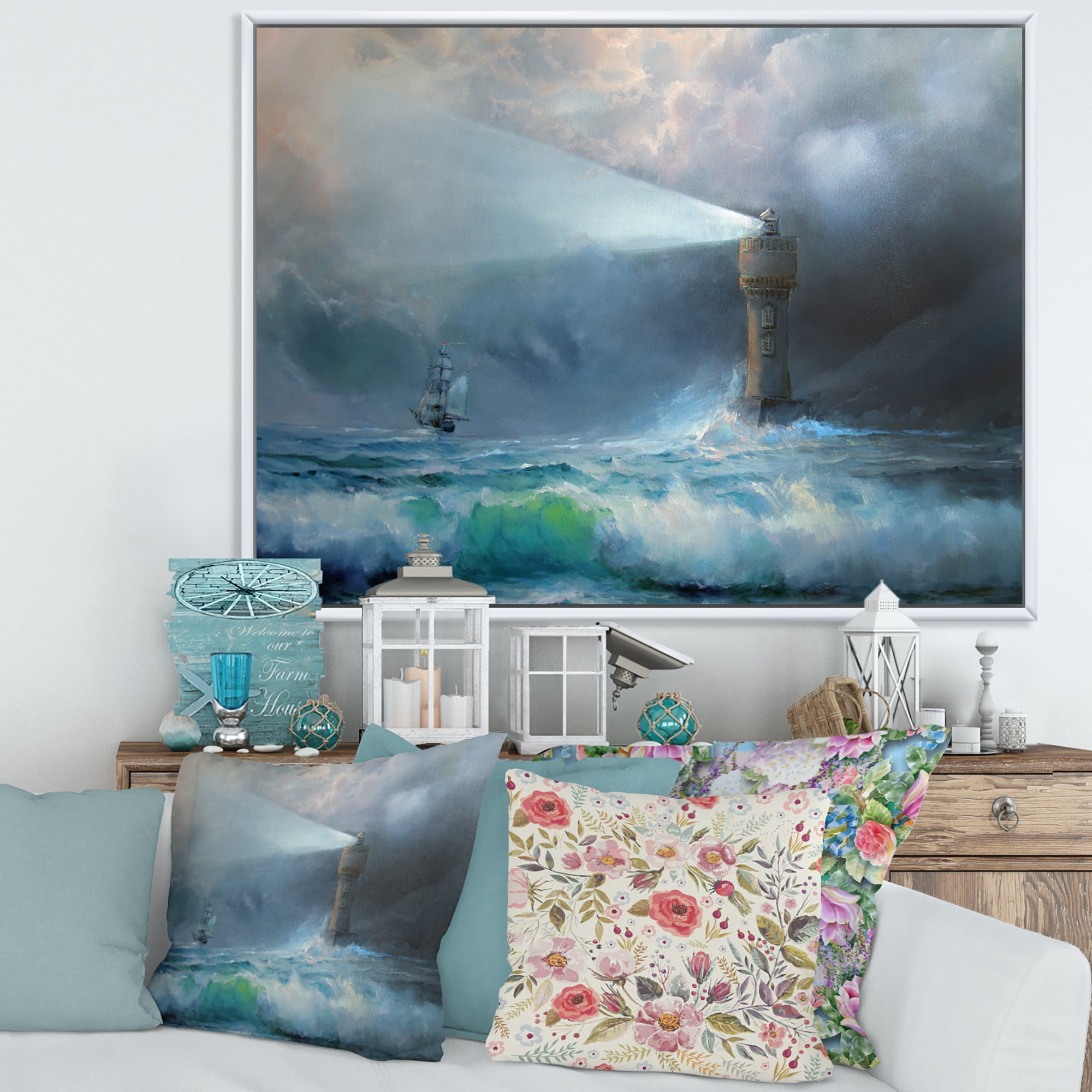 Designart 'Lighthouse Shining Light During Stormy Clouds Night II' Nautical & Coastal Framed Canvas Wall Art Print