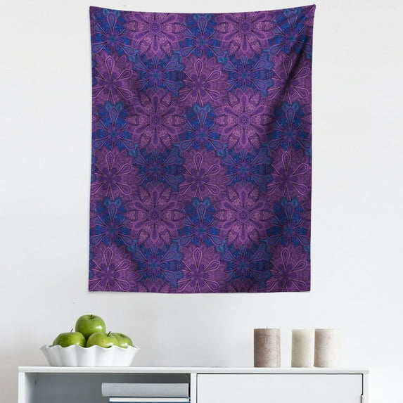 Ethnic Tapestry, Paisley Flower Inspired Design with Inner Swirls Leaves Image, Fabric Wall Hanging Decor for Bedroom Living Room Dorm, 5 Sizes, Dark Blue Purple, by Ambesonne