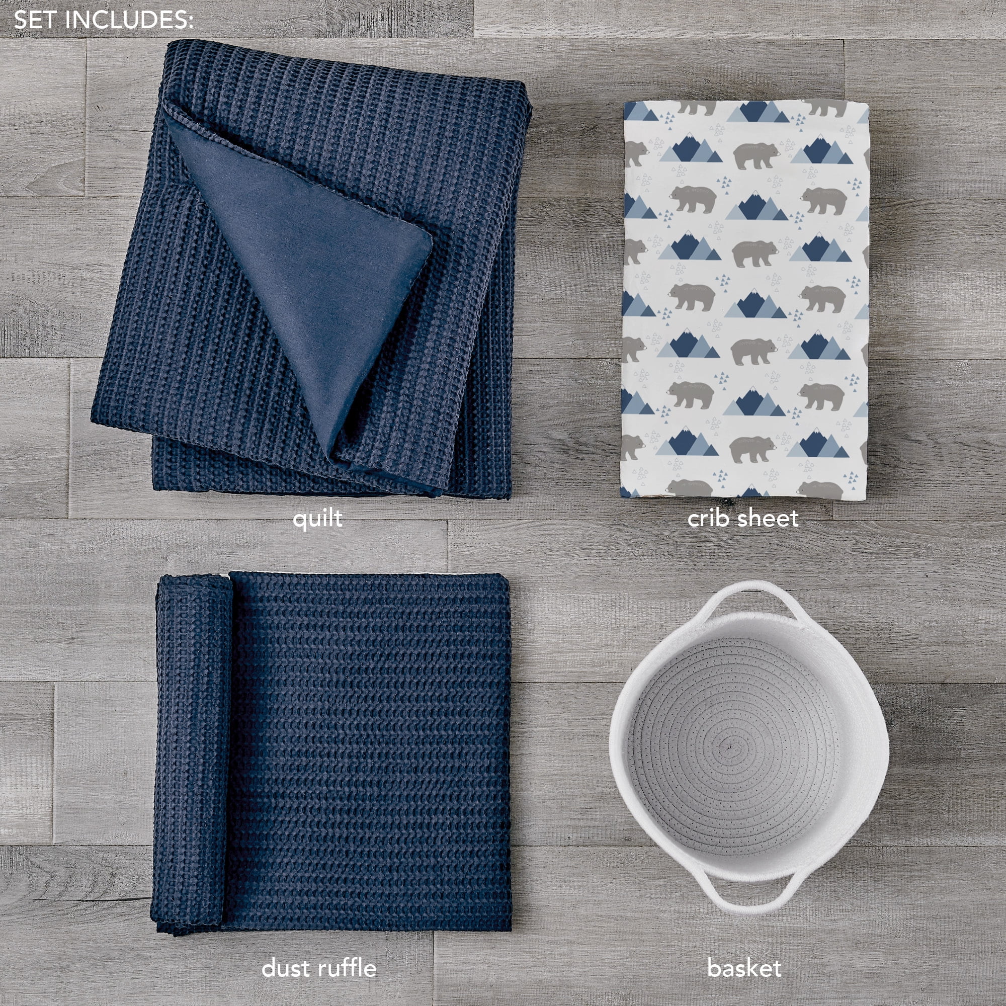 Levtex Baby - Mills Waffle Crib Bed Set - Baby Nursery Set - Navy - Navy Textured Waffle - 4 Piece Set Includes Quilt, Fitted Sheet, Dust Ruffle and Rope Basket