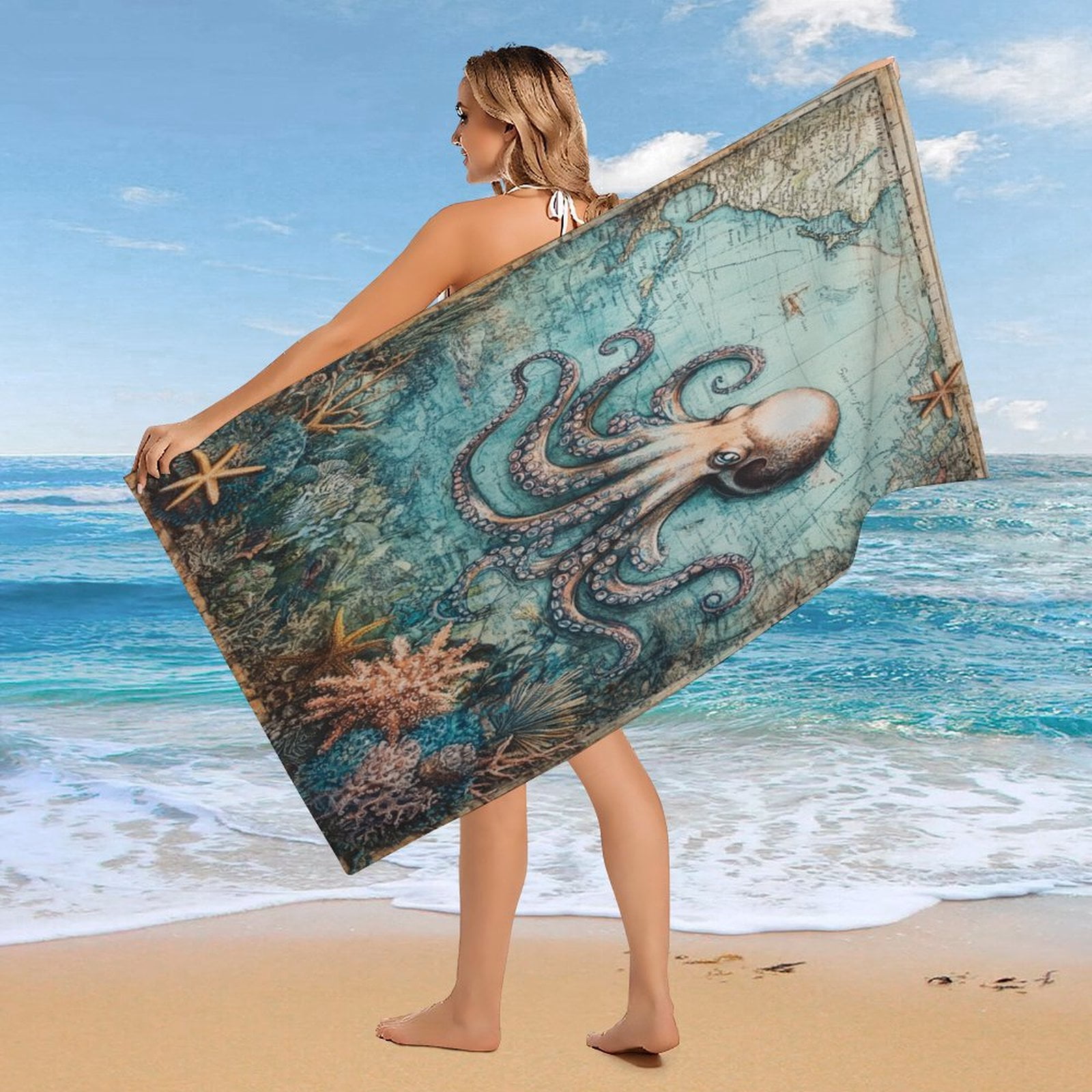 Coastal Octopus Modern Nautical Painting Beach Towel Quick-Dry & Super Absorbent Sand Proof Beach Towels Cute Nautical Animal Camping Towels for Travel Sports Pool Swimming Bath Yoga 30x60 inch