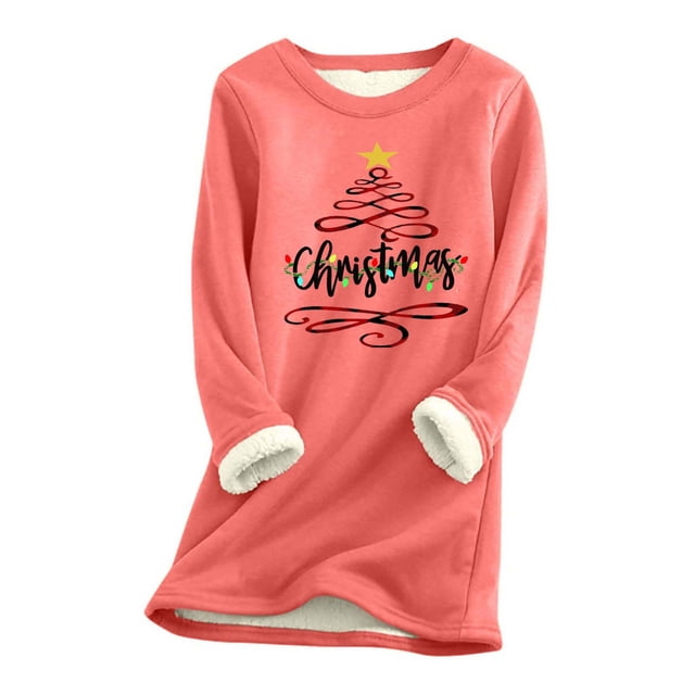 LSLJS Hauts Thermiques pour Femmes, Hauts à Manches Longues Chauds en Peluche Épaissie à Col Rond avec Imprimé de Noël pour Femmes