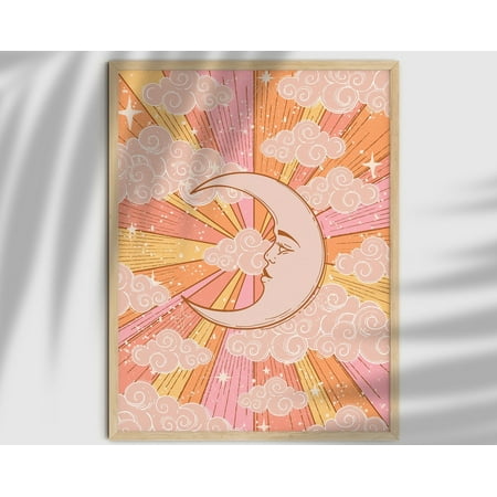 Moon Art Retro 70S Home Decor Vintage Moon Poster Witchy Wall Decor Sun And Moon Print Goddess Celestial 70S Wall Art Colorful Art Wall Art Modern Wall Decor 8x12 UNFRAMED