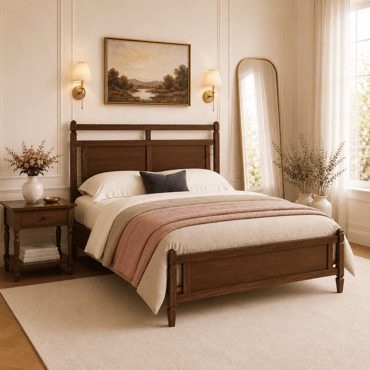 Euroco Modern Wood Queen Size Platform Bed, Mid-Century Bed Frame with Panel Headboard, No Box Spring Needed, Dark Walnut