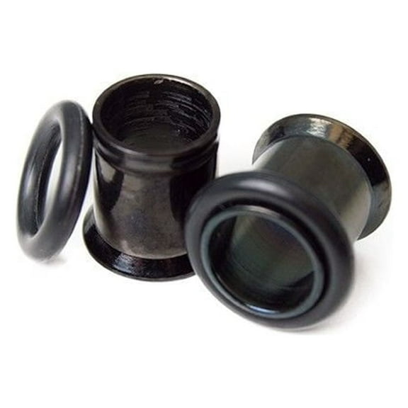 Black I.P. Plugs Surgical Steel 0 Gauge Single Flared Ear Tunnels with O-Ring
