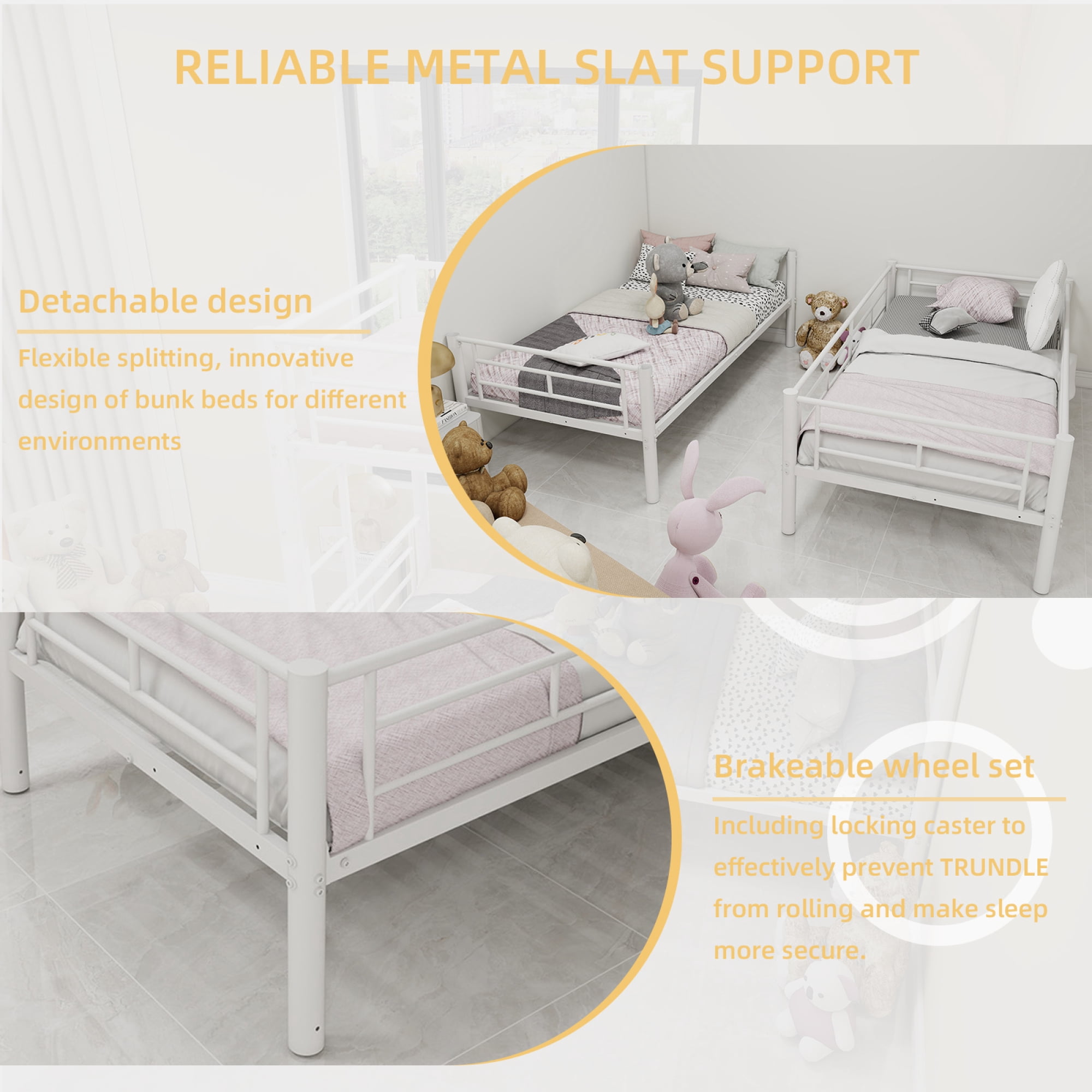 Twin Over Twin Bunk Bed for Kids Boys Girls, Metal Bunk Bed with Ladders & Guardrail,Convertible 2 Beds,White