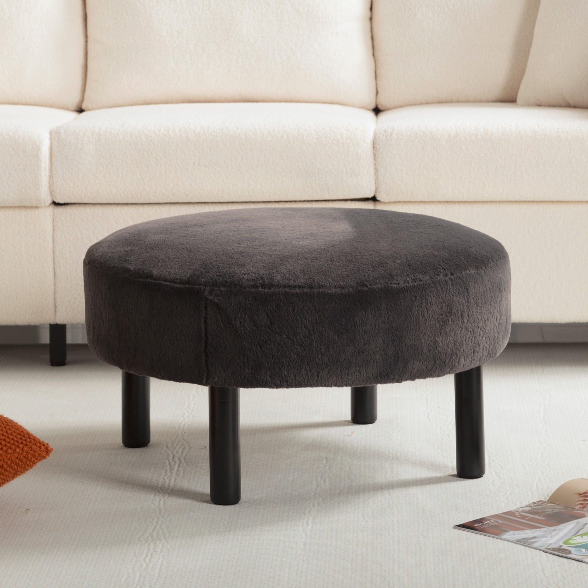 Gewnee 27.56” Round Ottoman Faux Rabbit Fur Upholstered Footrest with Rubber Wood Legs for Living Room, Dark Gray