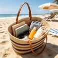 thumbnail image 4 of Linnome Striped Woven Straw Beach Tote Bag Large Capacity Summer Carryall Handbag Color Block Weave Shopping Shoulder Bag for Seaside Vacation Daily Outdoor Outings, 4 of 6