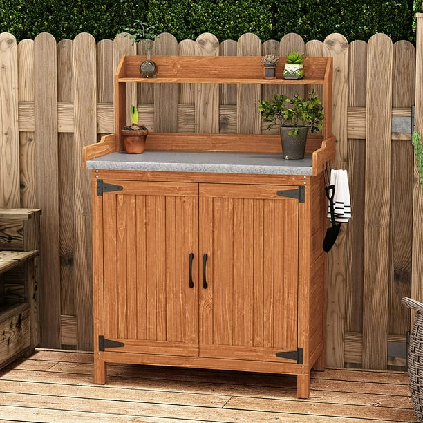 HLR Potting Bench with Storage, Galvanized Steel Tabletop Ourdoor
