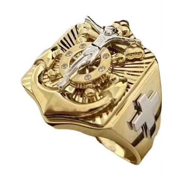 Men's Gold Plated Cross Ring European American Design with Artificial Gem Inlay Electroplated Christian Religious Band Jewelry Gift for Him