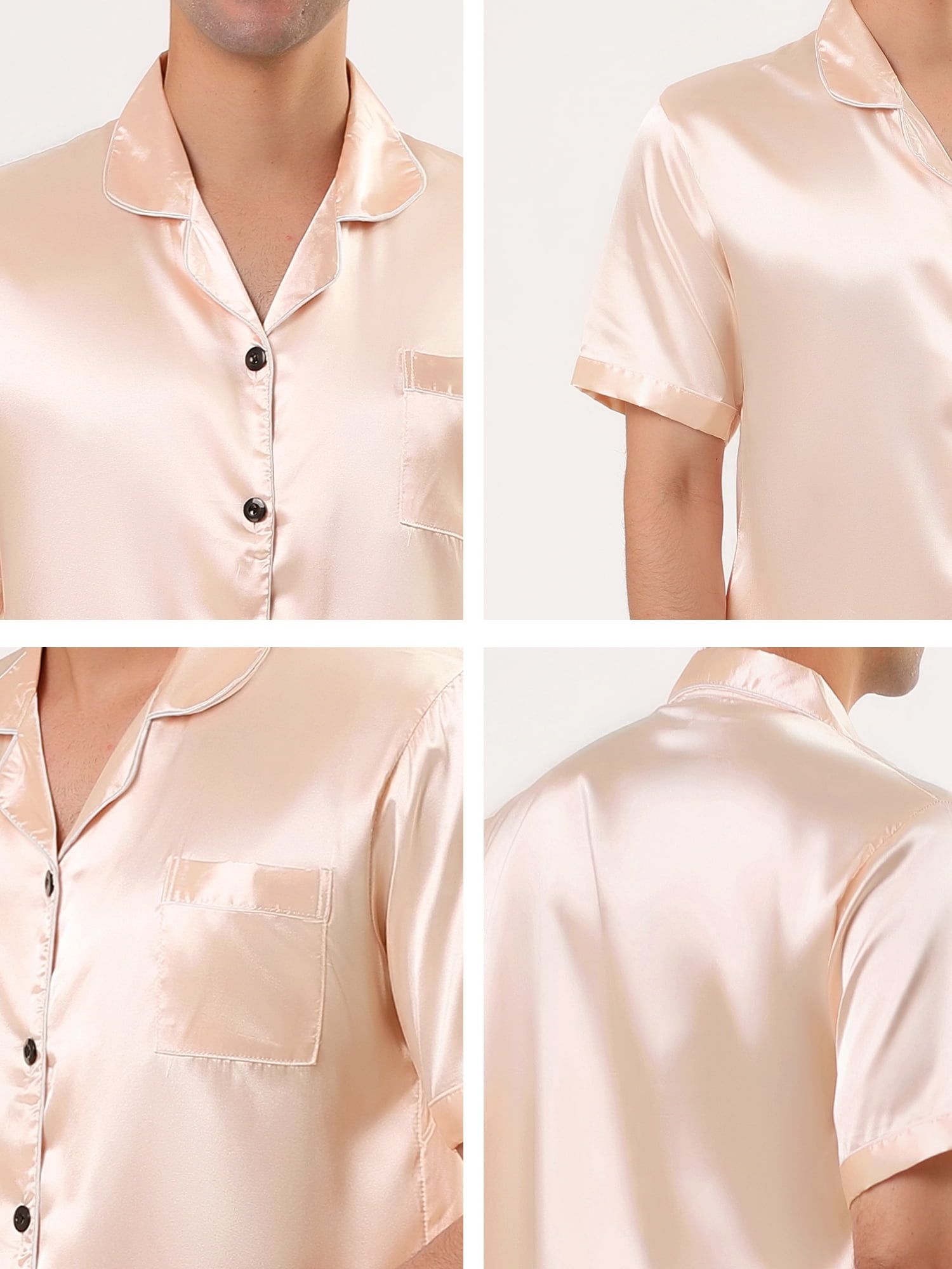 Unique Bargains Men's Button Down Satin Pajama Sets Short Sleeves Nightwear X-Large Rose Gold