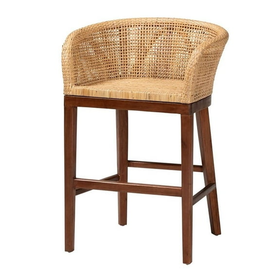 Pemberly Row Natural Rattan and Walnut Brown Acacia Wood Counter Stool
