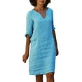 thumbnail image 2 of Wxolcjlv Women Shirt Dress Rolled Sleeve V Neck Pocket Casual Summer Beach Tunic Midi Dress, 2 of 8