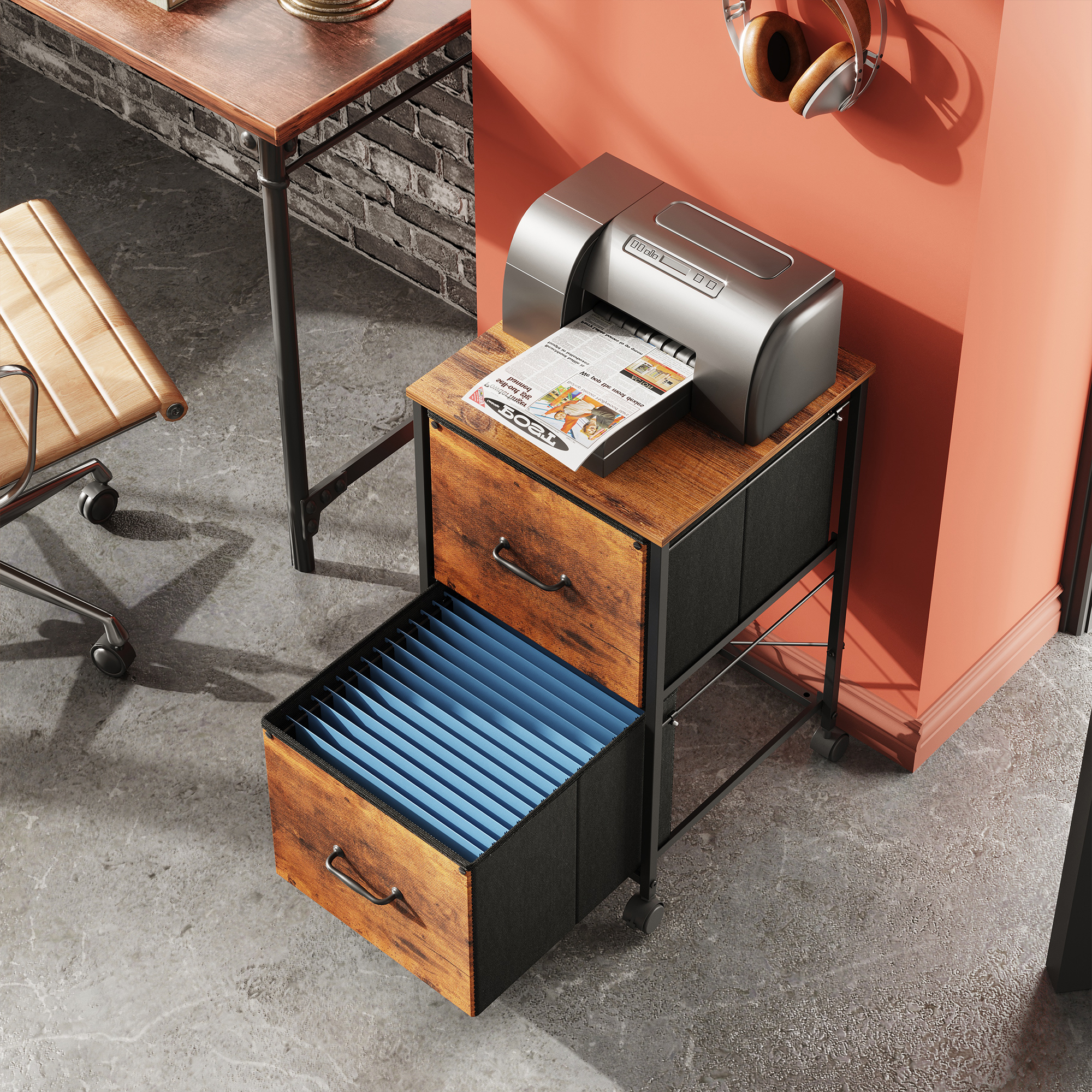GALAXHERO 2 Drawer File Cabinet, Rolling Printer Stand Small Filing Cabinets for Home Office, Fabric Vertical File Cabinet Fits A4 or Letter Size, Rustic Brown Wood Grain