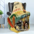 thumbnail image 4 of Retro Soft Flannel Fleece Throw Blanket, Welcome to Hawaii American Pop Art Print with Aged Car Palms Tribal Surfboards, Cozy Plush for Indoor and Outdoor Use, 70" x 90", Multicolor, by Ambesonne, 4 of 5