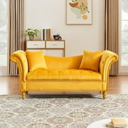 Stylish Buttoned Sofa with Two Pillows and Scroll Armrest, Velvet Upholstered Couch with Golden 4 Wooden Legs and Solid Wood Frame, Leisure Sofa for Living Room, Apartment, Bedroom