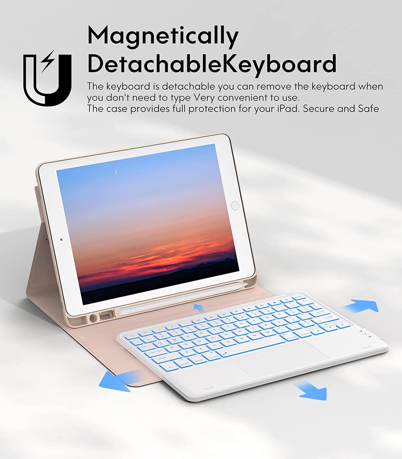 CHESONA Keyboard Case Compatible with iPad 10.2" 9th 8th 7th Generation, 7-Color Backlit, Smart Touchpad, 2 Bluetooth Channels, Rose Gold