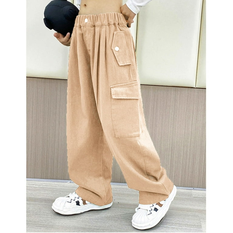 INHZOY Kids Girls 4 Cotton Jogger with Bottoms Khaki Fashion 14 Cargo Pockets Pants Drawstring