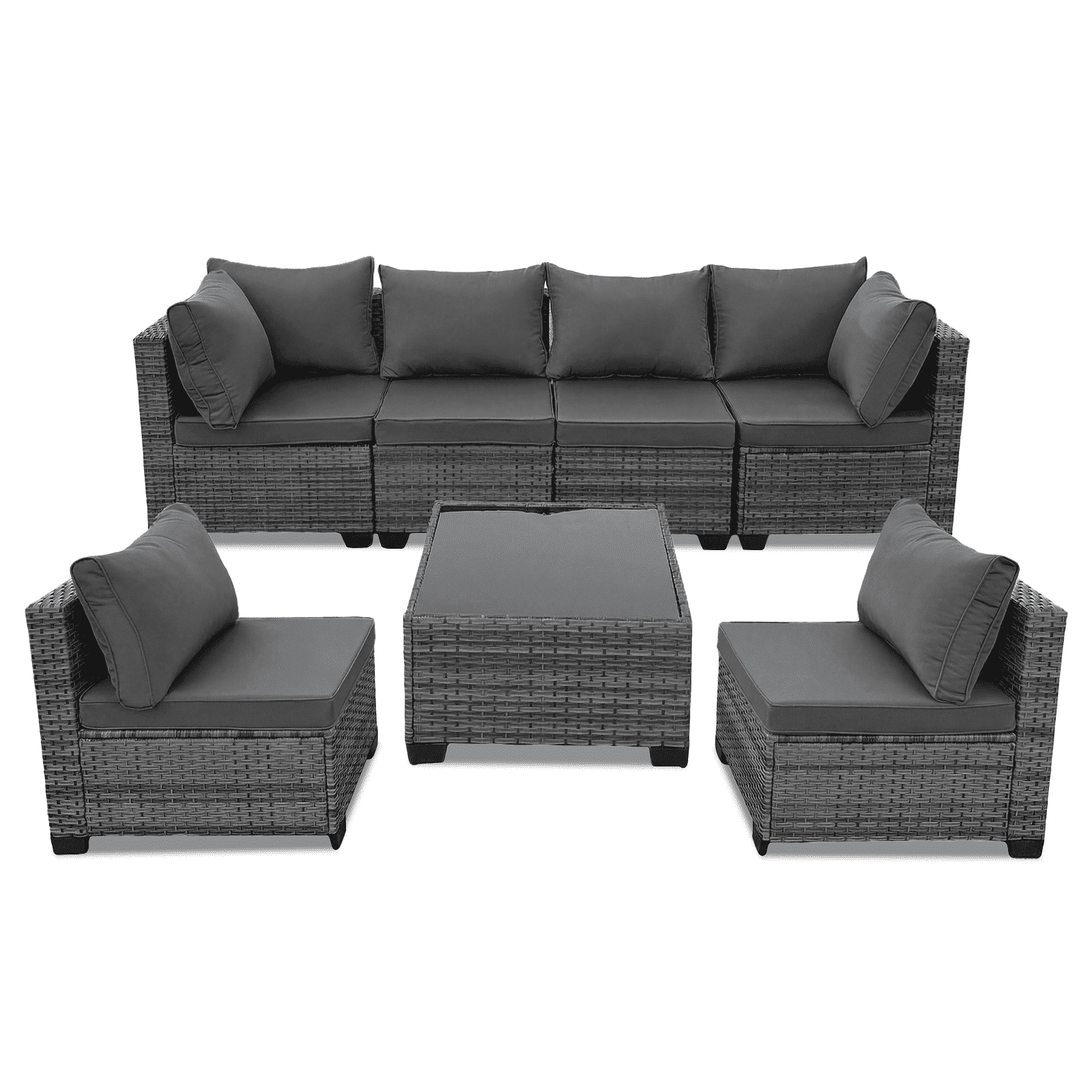 MOLIBYME 7 Pcs Outdoor Patio Furniture Set, Modular Outdoor Sectional Wicker Conversation Set, Rattan Sofa Set with Glass Table and Washable Cushion Covers, Gray