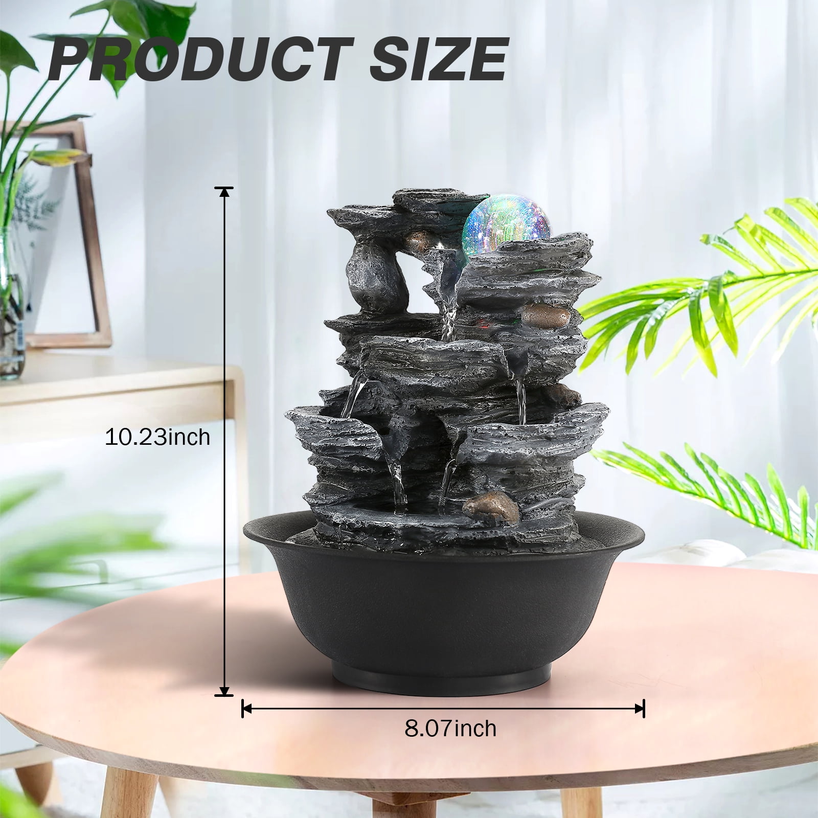 BEAMNOVA 10.2"Tall Tabletop Water Fountain, 3 Tier Rockery Waterfalls Indoor Fountain with Rolling Ball, Colored Light