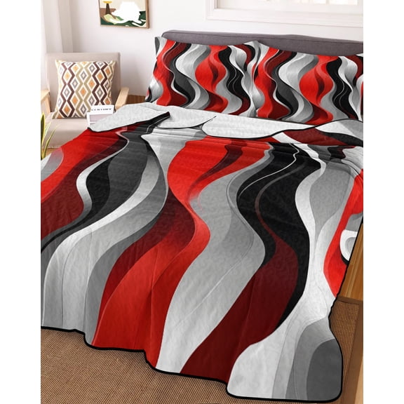 Red Black Grey Queen Size Down Alternative Comforter, Lightweight Comforter Quilt Bedding Set with Pillow Shams Geometric Moire Artwork Modern Abstract All Seasons Bed Comforter Duvet Insert 90"x96"