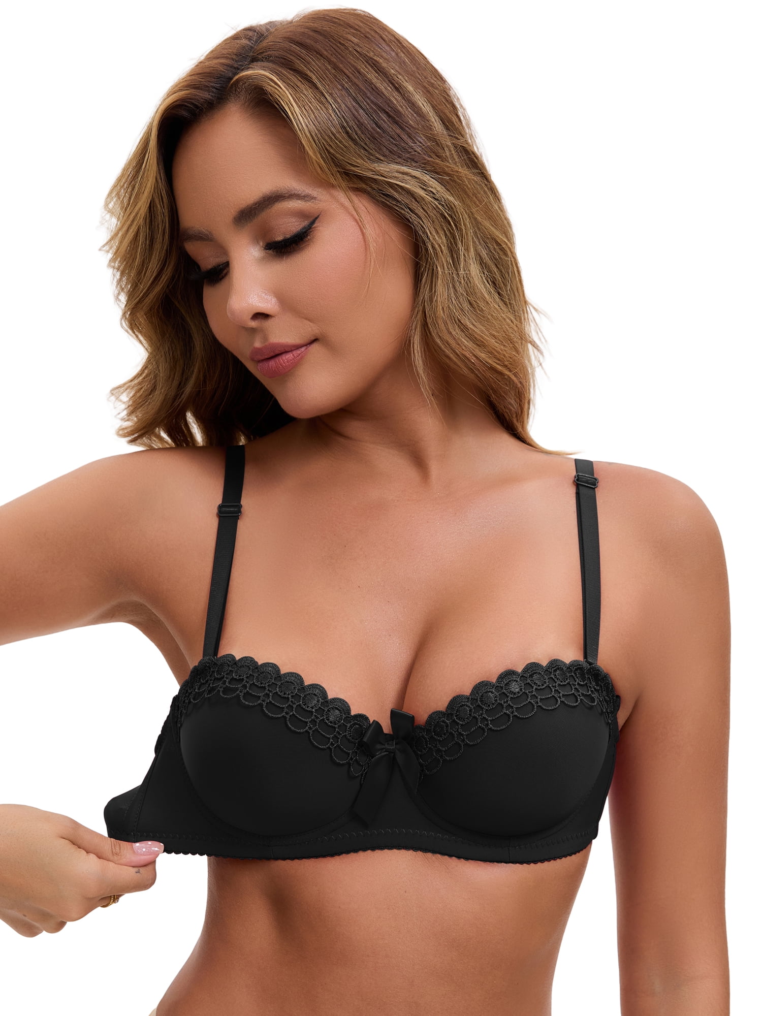DARING DIVA Women's Soft Convertible Half Cup Underwire Push Up Bow Lingerie M Black