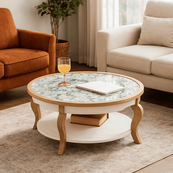"Round Wood Coffee Table with Glass Top, Solid Wooden Circle Center Table with Curved Legs & Removeable Tempered Glass top, Cocktail Table for Living Room , Home Small Space, Easy Assembly "