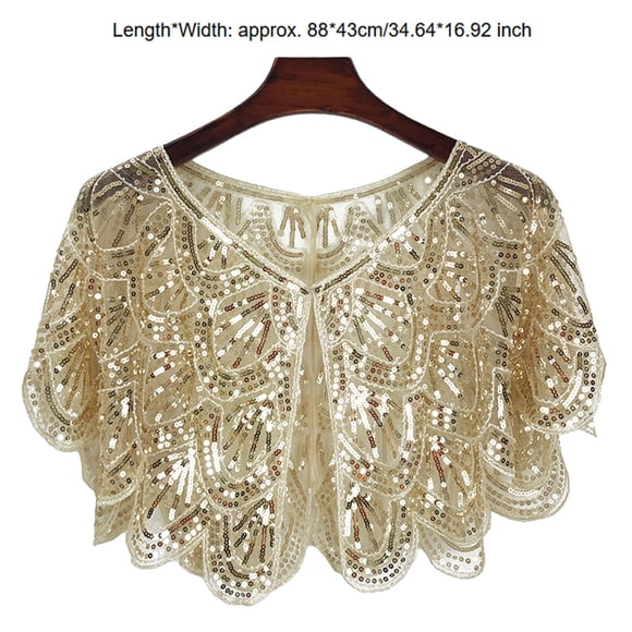Raenseen Women's Vintage Glitter Bolero Shrugs Sequin Cardigan for Evening Dress Cover Up Cape Champagne One Size