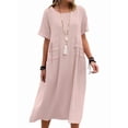 thumbnail image 3 of Womens Loose Fit Casual Linen Blend Solid Color Round Neck Short Sleeve Midi Dress Beach Pink XXL, 3 of 9