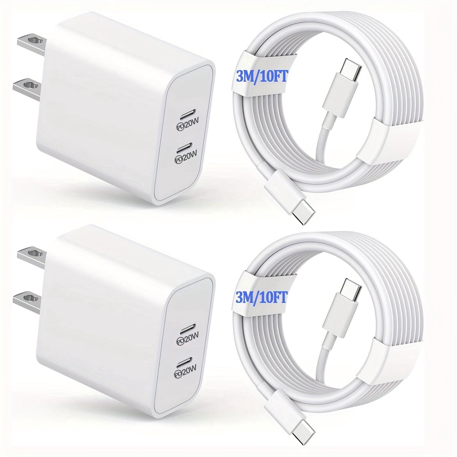 20W+20W Dual USB-C Wall Charger with USB-C to USB-C Cable,2pack Fast Charging Adapter for iPhone 15/16, Samsung Galaxy, Pixel, iPad, AirPods & More