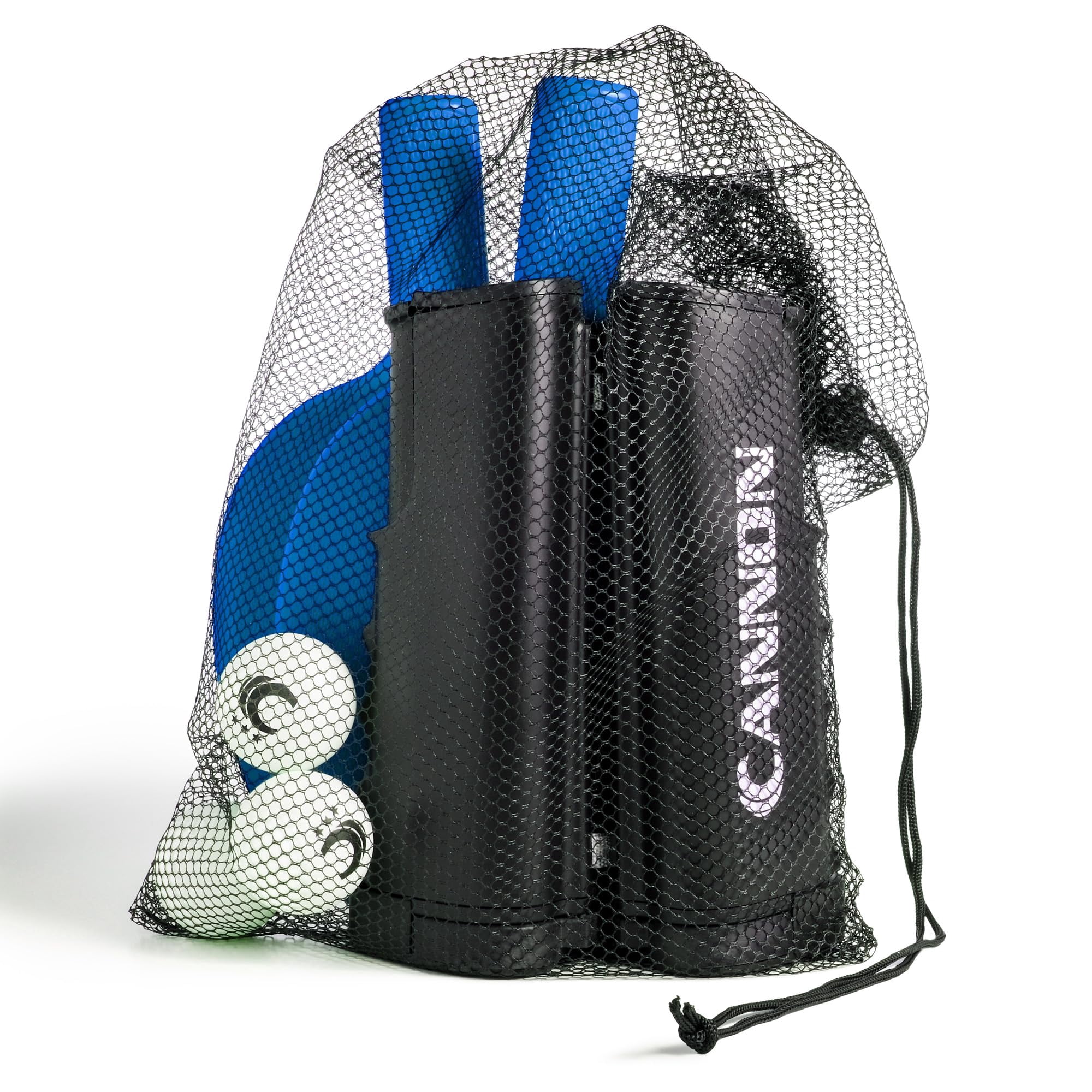 Cannon Sports Table Tennis Set – 2 Unbreakable Paddles, 6 3-Star Balls, Retractable Net & Carry Bag – Clamp-On Portable Ping Pong Net Fits Tables up to 2 Inch Thick, Extends to 6 Feet (Blue)