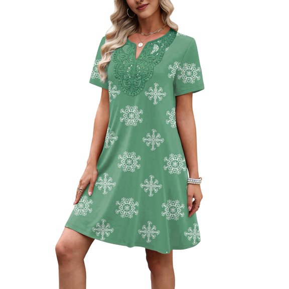Women's V-Neck Bohemian Floral Print Short Sleeve Tunic Dress Green S