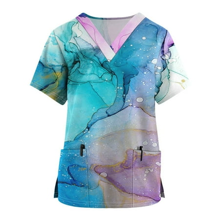 

Sksloeg Womens Scrub Tops Tie-dye Printed Top Nurse Uniforms for Women Short Sleeve V-Neck Shirts Tee Tops with Pockets Light Blue XXXXL