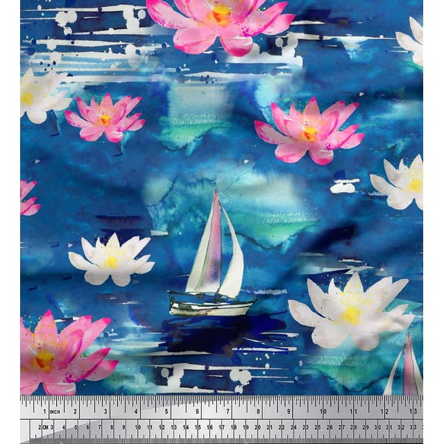 Soimoi Blue polyester Crepe Fabric Yacht & Lotus Flower Print Sewing Fabric BTY 42 Inch Wide
